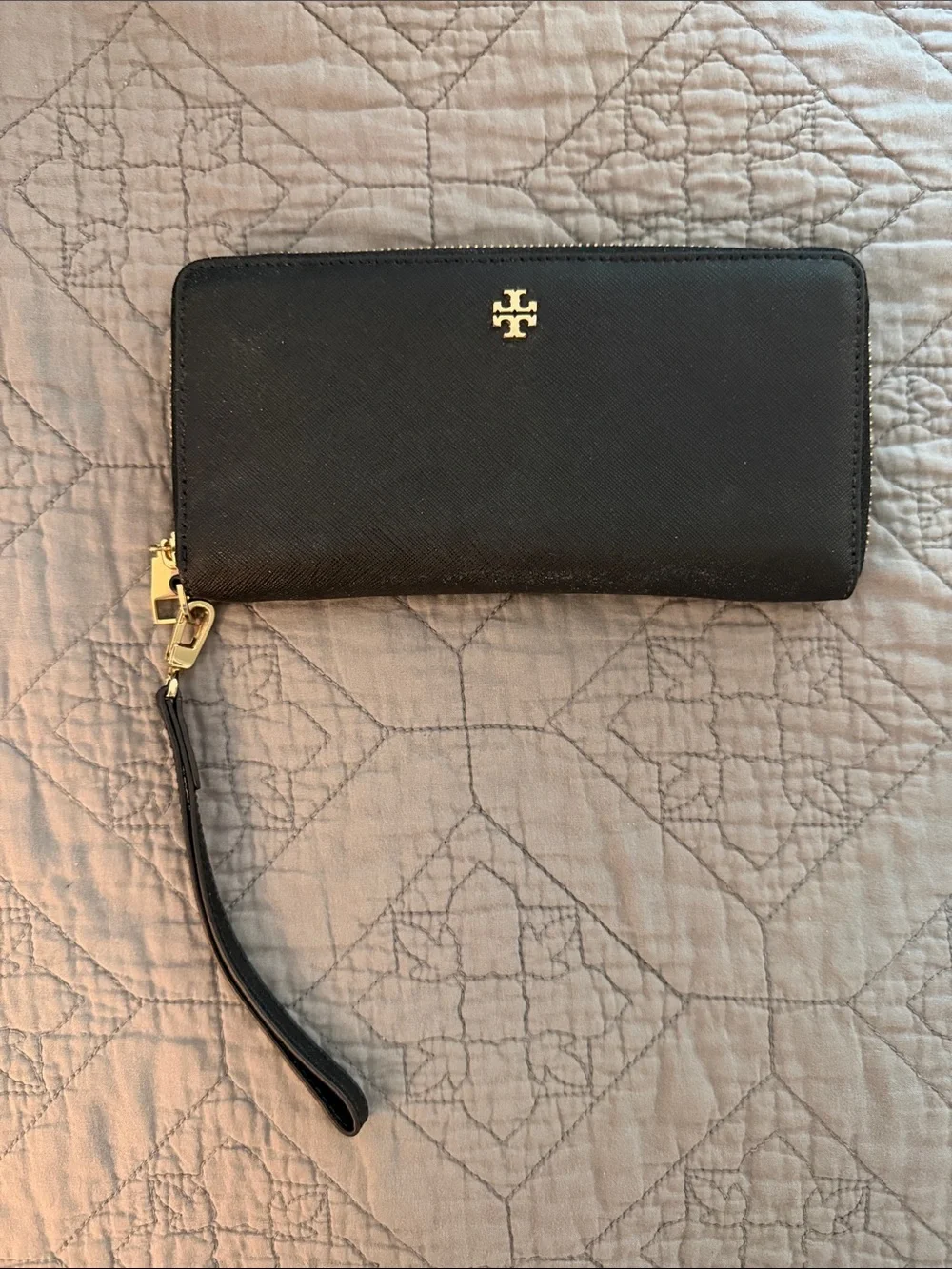 Tory Burch Black Leather Zip Wristlet with Gold Logo